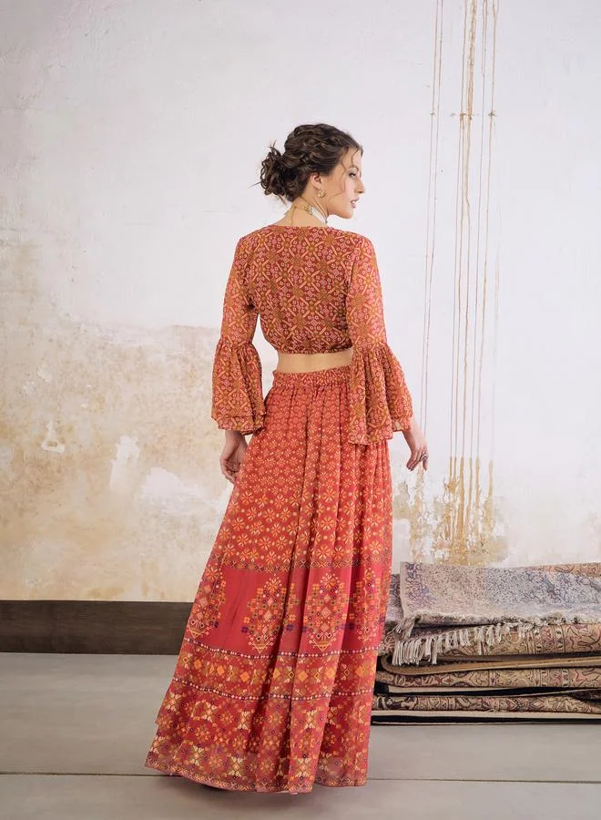 SASSAFRAS Maroon Floral Frill Sleeves Crop Top With Anarkali Skirt